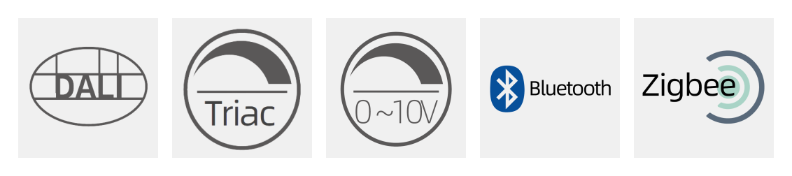 Moluce Lighting dimming control options including DALI, Triac, 0-10V, Bluetooth, and Zigbee protocols.